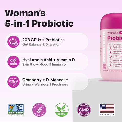 Image of Women's Probiotic 20 Billion CFU - 5-in-1 Daily Support for Digestive, Vaginal & Urinary Health - with Cranberry, D-Mannose, Prebiotics & Hyaluronic Acid - 30 Capsules