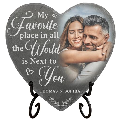 My Favorite Place in All The World Is Next to You - Custom Photo Heart Shaped Stone with Iron, Couple Photo Heart Stone with Stand, Anniversary Heart Decor, Couple Gifts, Valentines Day Gifts