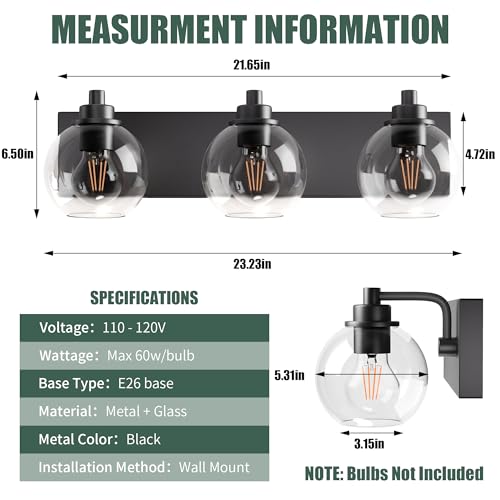 Image of Bathroom Light Fixtures-Matte Black Vanity Lights for Bathroom, Modern Black Vanity Lights 3-Light Bathrooms Lighting Fixtures Over Mirror with Clear Glass Shade