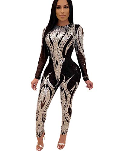 OLUOLIN Womens Sexy Sleeveless Sequin Rhinestone Jumpsuit Halter Neck Backless See Through Bodycon Club Rompers Silver
