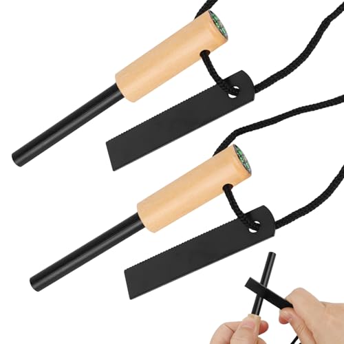 2 Stück Feuerstahl Outdoor, Survival Feuerstein mit Holzgriff und Kompass, Magnesium Feuerstarter Survival Set, Feuerstarter Aus Flintstahl,Survival Kit für Bushcraft, Camping, Wandern, Lagerfeuer