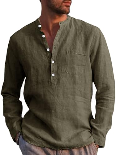 Runcati Herren Leinenhemd Langarm Baumwolle Leinen Shirt Männer Freizeithemd Regular Fit Strand Sommerhemd Armeegrün XL
