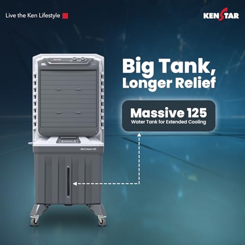 Image of Kenstar AirCruzer 125L Desert Air Cooler|125L Tank|Honeycomb Cooling Pads|60 ft Air Throw|3-Speed Control |Water Level Indicator|5 Star BEE Rated|5-Year Warranty on Motor&Pump|Light Grey & Light Dark