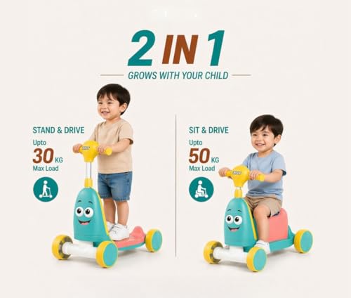 Image of ZIVY Orry Rider 2in1 Kids Scooter & Ride-On Toy Car | Convertible Stand & Drive Scooter | Extra-Wide Comfort Seat, Stainless Steel Stem, Easy Steering & Smooth Wheels for Indoor /Outdoor (Cyan)