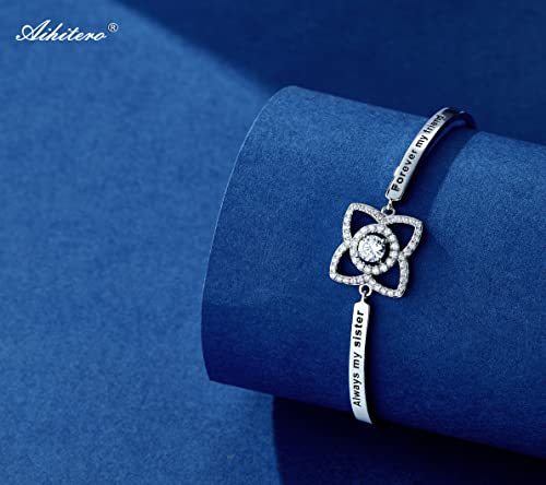 Aihitero Christmas Gift For Sis, Always My Sister Forever My Friend 4 Leaf Clover Bangle Bracelet, White Gold Women Girl Jewelry, Birthday Anniversary Valentines Xmas Present From Brother Bff Siblings #TOP1
