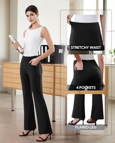 Womens Dress Pants Stretchy Work Pants Business Casual Office Trousers Pull On Flare Slacks with 4 Pockets4