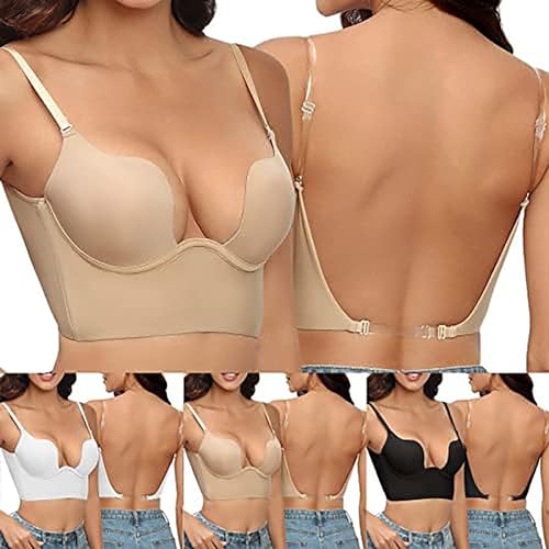 Genérico Sujetador Mujer Push-up Escote Profundo V Multiposición sin Espalda con Aros Relleno Espalda Descubierta Sujetador Push Up Profundo Cuello en U Sujetador de Espalda Baja Mujer Cómodo