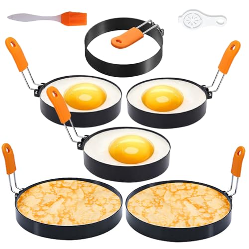 6 Packs Professional Egg Ring Pancake Ring Set,Non-Stick Stainless Steel 6' Pancake Mold Pancake Shapers 4' & 3.5' Cooking Ring with Silicone Handle for Griddle Frying Egg Breakfast (6' 4' 3.5'）