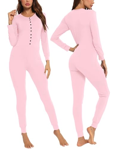 LecGee Womens Pajama jumpsuits One Piece Sleepwear Button bodysuit Modal Underwear Set Long Sleeve Union Suit Pink Medium