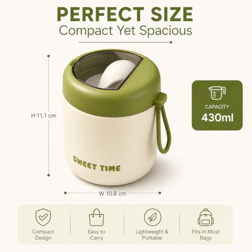 Image of Insulated Stainless Steel 1060ml Lunch Box with 350ml Tumbler | Leakproof Hot Cold Food Container | BPA-Free Cute Tiffin Box for Kids, School, Office, Travel, Picnic (Olive Ivory)