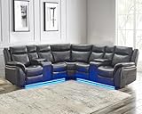 Power Reclining Sectional Sofa 5 Seater, Faux Leather Reclining Sectional Couches for Living Room with Wall Hugger Recliner, L Shaped Living Room Furniture Sofa Sets with LED Light, USB Port,Grey