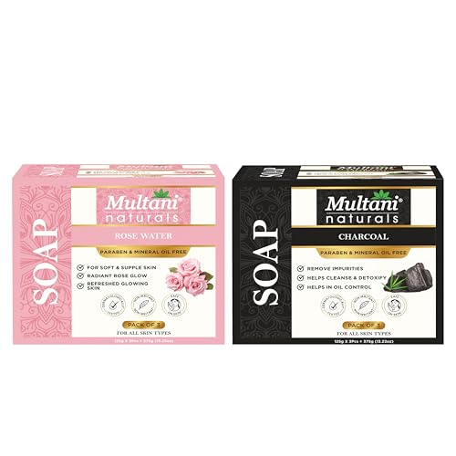 Image of Multani Natural Charcoal & Rose Water Soap For Oily Skin (125 Gm - Pack of 6) | For Blackheads & Acne Prevention | For Deep Cleansing & Glow | Paraben Free | Clinically Tested | For All Skin Types | Glycerin Soap Bar For Men & Women