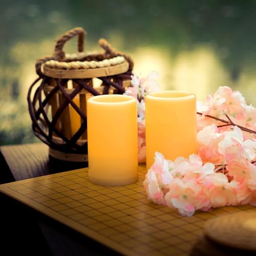 Image of CANDLE CHOICE Outdoor Battery Operated Flameless Candles with Remote Timer Waterproof Flickering Plastic Electric LED Pillar Lights for Lantern Patio Garden Wedding Party Decorations D3 inchxH5 inch 2 PCS