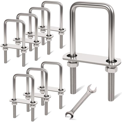 Image of 8 Pcs M10 Square U Bolts 2 Inch Wide, 3 /8 inch x 2 inchW x 5-1 /8 inchL | 304 Stainless U Bolt Heavy Duty with Nuts,Bolt Plate and Washers,Square U Bolts 2 inch Wide,Metric bolts
