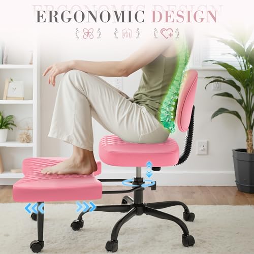 Image of Furmax Ergonomic Criss Cross Legged Office Chair with Wheels, 360Swivel Adjustable Height Kneeling Desk Chair with Footrest for ADHD, Yoga, Meditation, Home Office (Leather, Pink)