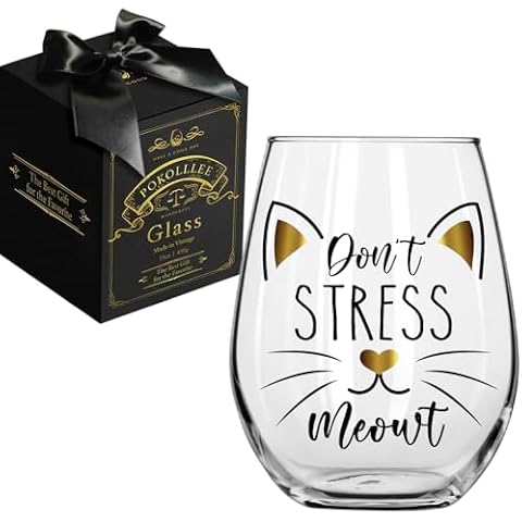 Pokolllee Cat Lover Wine Glass Don't Stress Meowt Gifts for Women, Novelty Birthday Gifts for Cat Lover Cat Owner Pet Lover, Retirement Gift for Cat Mom Friends Sister Cat Lady Cover