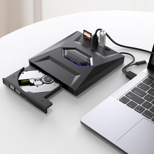 US-B 3.0 USB C External 3D RW Writer Burner Drive CD DVD Burner with SD Card Reader and US_B 3.0+2.0+Type-C Input Ports for Laptop PC Windows 11/10/8/7, Linux, Mac OS (PDSM1)