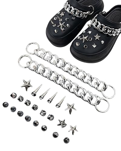 tikono Breloques gothiques pour chaussures, ensemble de 24 pointes et chaînes en métal, accessoires de style punk rock motard