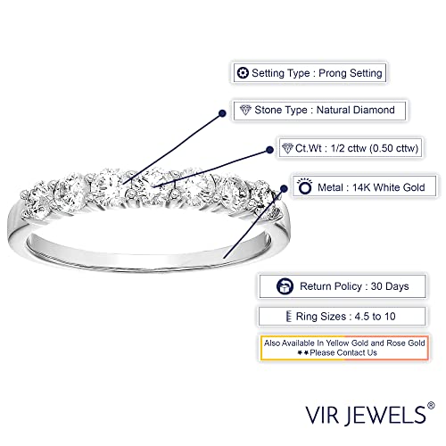 1/2 carat (ctw) Diamond Wedding Anniversary Band for Women, Round Diamond Engagement Ring 14K White Gold Prong Set 0.50 cttw, Size 4-103