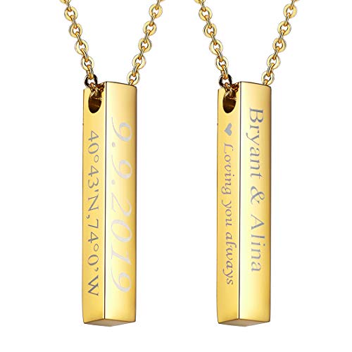 Men Women Bar Necklace with Chain Customize Jewelry 18K Gold Plated 4 Sides