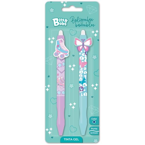 Grafoplas - Conjunto escolar 2 canetas retrátil apagável com tinta de gel azul, ponta 0,7 mm, Bits&Bobs Cute Roller e Butterfly, tinta reversível, inclui borracha, escrita limpa, material escolar