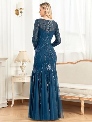 Image of Long Sleeve Sequin Evening Dress Glitter Mermaid Long Gown for Mother of The Bride Or Wedding Guest