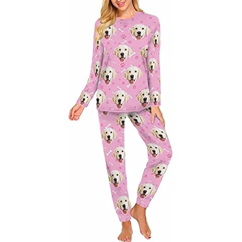 MyPupSocks Personalized Pet Face Pajamas Sets for Women, Custom Dog Bone Pet Paw Prints Pink Pajama Family Picture Sleepwear Nightwear Round Collar for Girlfriend Valentine's Day L Cover