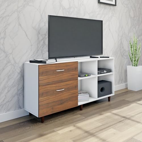 Image of VIKI Modern TV Unit for Living Room | Engineered Wood TV Cabinet with 2 Drawer Storage & 2 Open Shelves, Entertainment Unit, 140W x 74H x 40D cm | DIY | 1 Year Warranty (White & Walnut)
