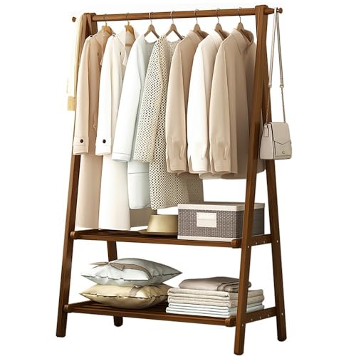 Perchero de bambú con doble estante de almacenamiento y barra para colgar ropa de 160 cm de alto para dormitorio, ligero y plegable, 66/86/116 cm de longitud
