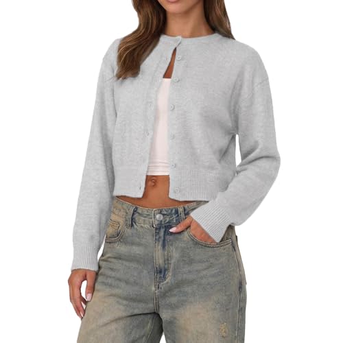 Image of Women Y2K Button Front Crop Sweater Cardigan Solid Color Crew Neck Long Sleeve Knit Fall Tops Streetwear
