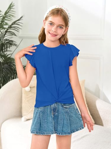 Image of Haloumoning Girls Ruffle Sleeve T Shirts Summer Crewneck Shirt 5-14 Years | Flutter Ruffle Short Sleeve, Twist Front, Casual, Solid, Loose Fit, Tees Tops