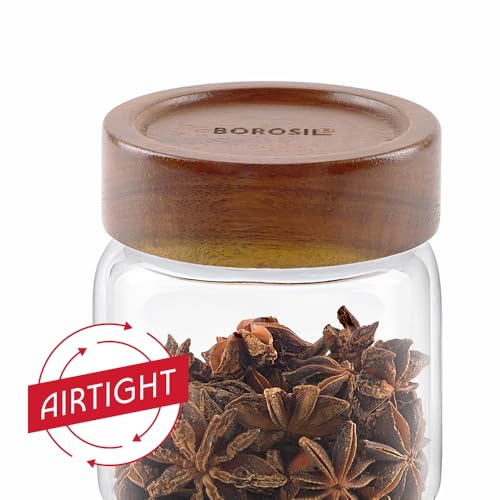 Image of Borosil Glass Jar with Acacia Wood Lid | Borosilicate Glass Storage Jar for Dry Fruits, Spices & Snacks | Airtight Glass Container for Kitchen & Pantry (Tallwood, 300 ml)