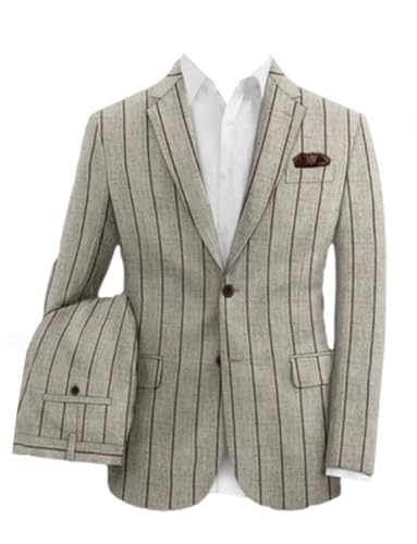 Men's Linen Stripe Suit Two Buttons Notch Lapel Jacket+Pants Set
