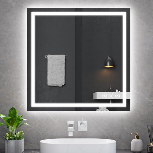 Koonmi 36x36 LED Bathroom Mirror, Backlit + Front Lit, LED Bathroom Mirror with Lights for Wall, 3 Colors, Anti-Fog, Dimmable Brightness, Memory Function, Tempered Glass