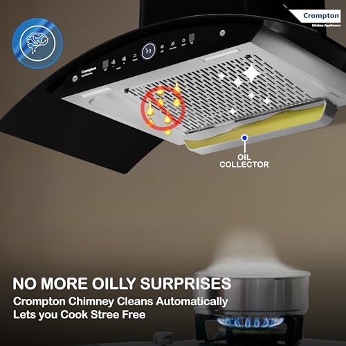 Image of Crompton QuietPro Plus BLDC 1660m3 /hr 90cm Curved Chimney| Filterless Intelligent Autoclean| Smart On| Built In Oil Collector| Touch+ Motion Sensor Control| 10Yrs Motor & 2Yrs Overall Warranty