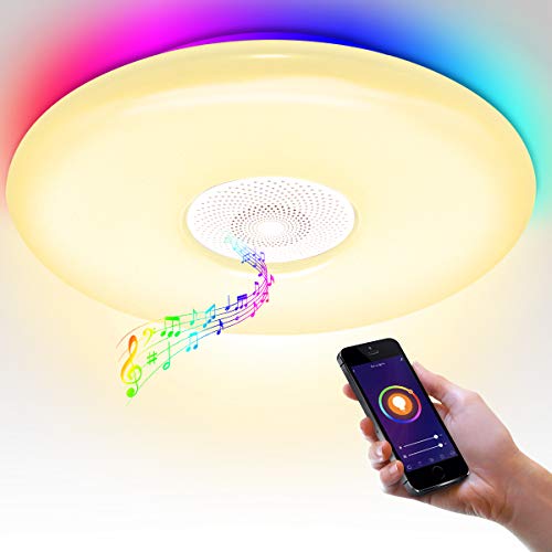 Lmpara de techo con altavoz Bluetooth, WiFi, mando a distancia, control por voz, saln, lmpara de techo de 36 W LED Rhythmus con sincronizacin de msica, dormitorio, lmpara de techo regulable