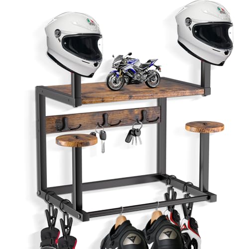 Motorcycle Helmet Hanger Wall Mount Tiered Wooden Organizer with Metal Frame 4 Helmet Holders 5 Glove Clips & 3 Hooks for Accessories Storage