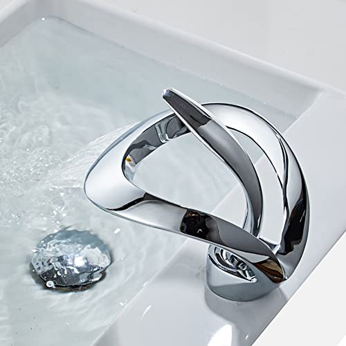 Waterfall taps Chrome,Brass Waterfall Widespread Single Handle One Hole Bathroom Tap with Hot and Cold Switch (Chrome) - Image 2