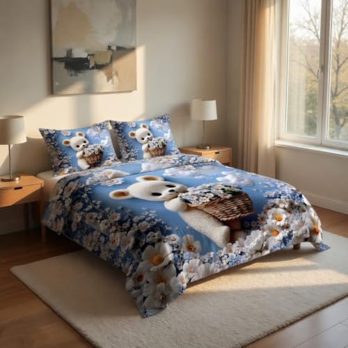 Image of 7D Printed King Size Bedsheet with 2 Pillowcases, White Bear, 228x228cm