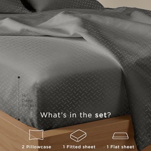 Threadmill Cotton Queen Sheet Set | 100% Cotton Sheets for Queen Size Bed | Damask Jacquard Queen Bed Sheets Set with 16” Deep Pocket | Soft Sateen Weave 4-Piece Cooling Bedding Set | Dark Grey