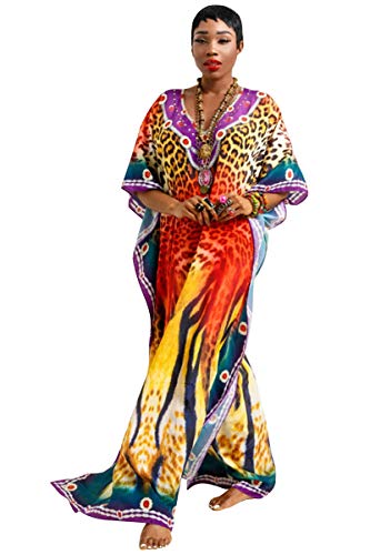 QTUN Vestido Boho Mujer Largo Talla Grande Camisolas y Pareos Indios Bohemio Hippie Tunica Piscina Caftan Africano Kaftan Etnico Kimono Flores Ropa Hawaiana Traje de Baño Bikini Cover Up