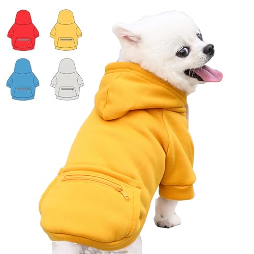 Dog Hoodie for Small Medium Large Dogs,Fleece Hoodie for Dogs with Zipper Pocket,Fall Winter Warm Cat Puppy Sweatshirts(Yellow,S)