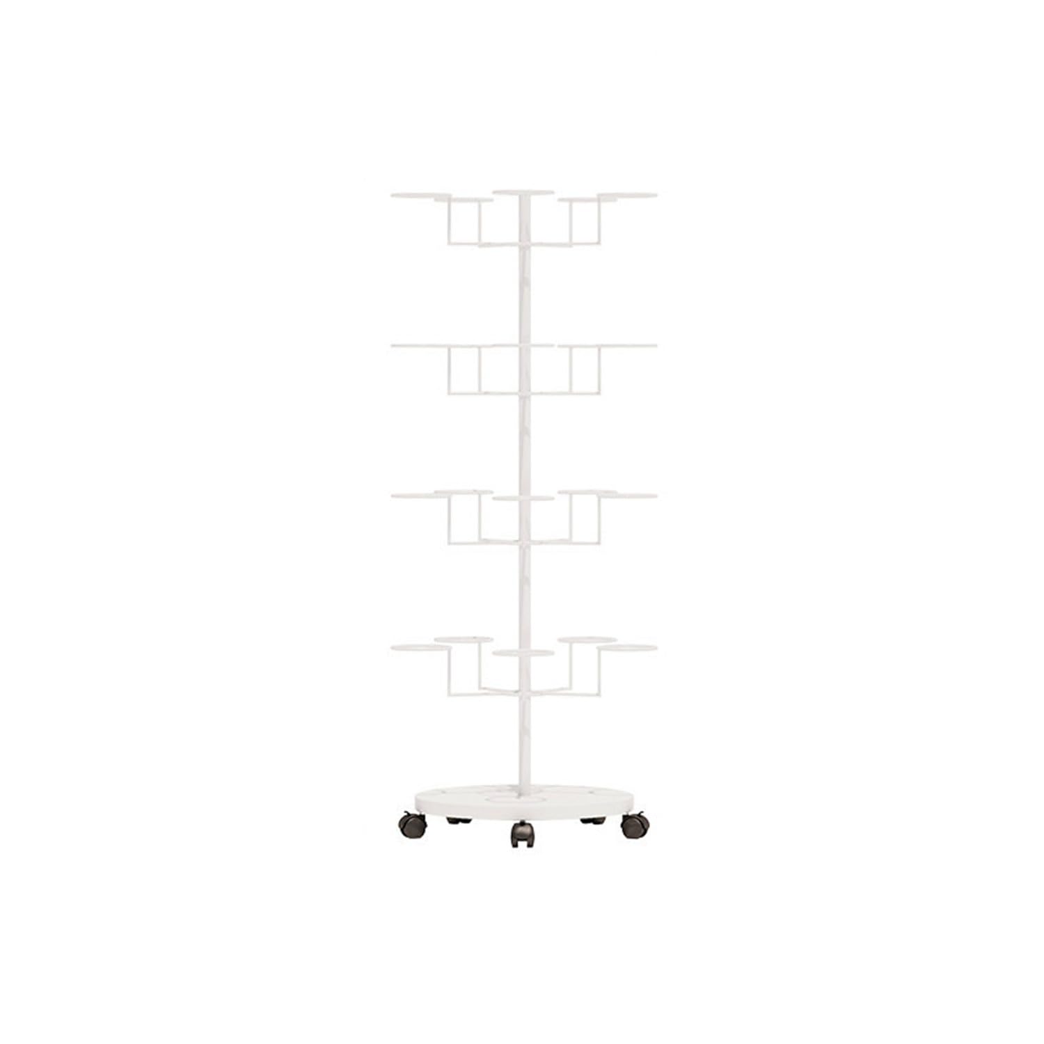 Perchero de metal giratorio de 4 niveles con ruedas, soporte de exhibición independiente para gorras, sombreros y pelucas, elegante organizador para gorros, diseño duradero de color blanco