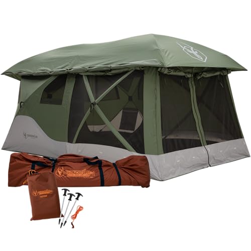 Gazelle Tents T4 Tandem Hub Tent with Overland Kit Easy 90 Second Set-Up Waterproof UV Resistant Removable Floor Stakes Duffle Bag 4-8 Person Alpine Green/Slate 165 x 94 x 78 GK916