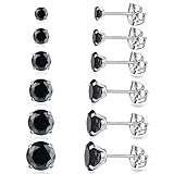 6 Pairs Stud Earrings Set, Hypoallergenic Cubic Zirconia Earrings 316L Stainless Steel CZ Earrings 3-8mm (Black CZ)