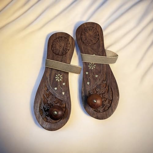 Image of Khadau Chappal for Men | Wooden Charan Paduka for Puja, Wearable Wooden Chappal Eco-Friendly (Rosewood) (9UK, Strap-WEAR)