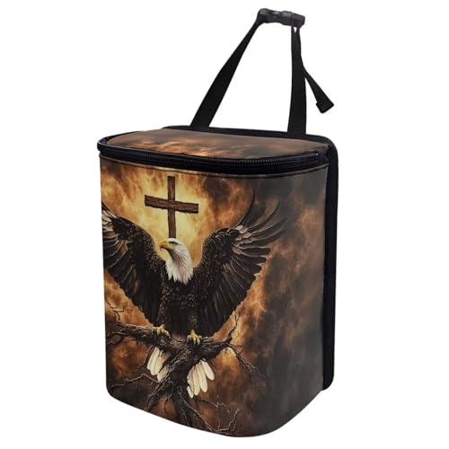 Image of Talayituse Eagle Cross Fire Print Car Trash Can with Adjustable Straps, Zip Closure Car Trash Bag Bin Auto Garbage Bag Multipurpose Storage Box for Vehicle Travel Camping Picnicing