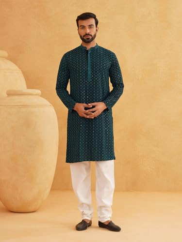 Image of SOJANYA (Since 1958 Men's Cotton Gold Embroidered Sequinned Kurta With white churidar Pyjama