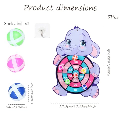 Image of Dart Game for Kids, Indoor Games for Kids with Sticky Balls, Target Board Game for Hand-Eye Coordination, Fun Gift for Boys Age 8-10 Years, Soft Board with 3 Balls and Purple Elephant Hook