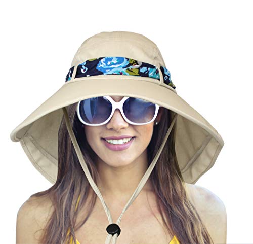 Women Sun Hat with Neck Flap Wide Brim | Ladies Outdoor Shade Hat for Summer, Hiking, Beach, Fishing, Travel, Gardening | UPF50+ Sun Protection - Tan